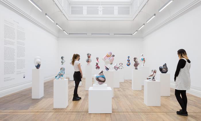 Image of visitors in the gallery looking at Nick Hornby' exhibition, Zygotes and Confessions at MOSTYN.